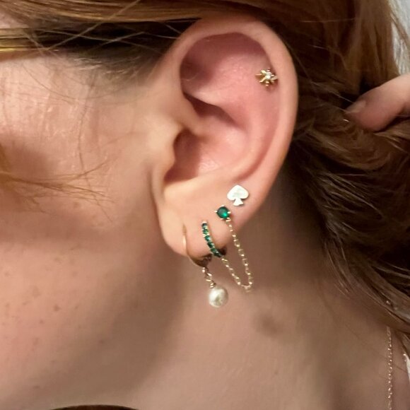 Neiman Marcus 14k Gold Plated Emerald Hoop Double Piercing Earrings - Picture 2 of 4